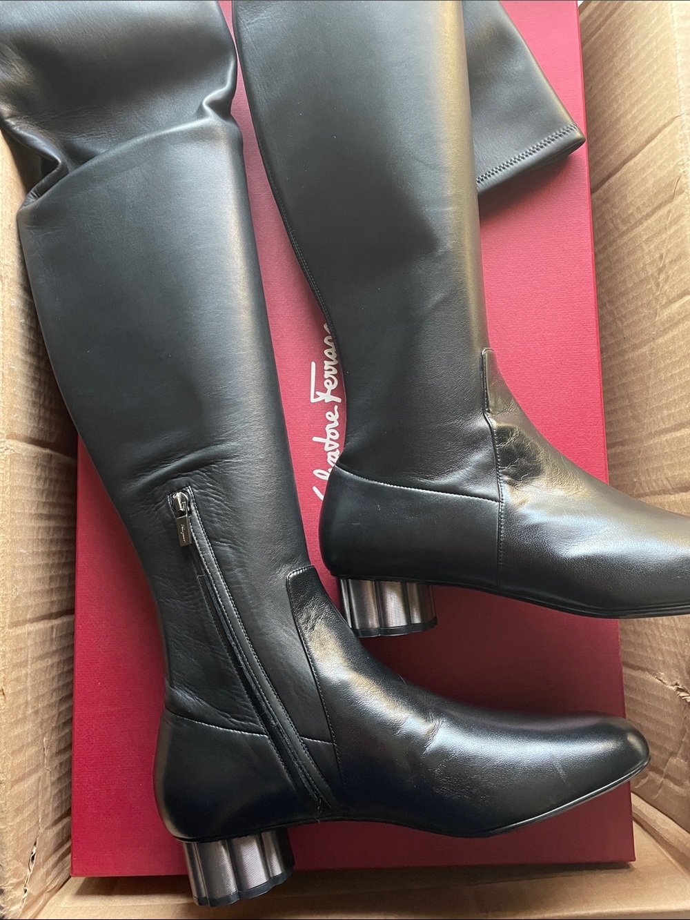 Salvatore Ferragamo Black Leather Over-the-Knee Boots with Cylindrical Heel
